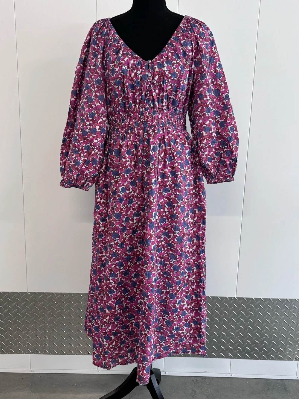 J.Crew Berry Floral Smocked Waist Long Sleeve Midi Dress Size Medium 100% Cotton